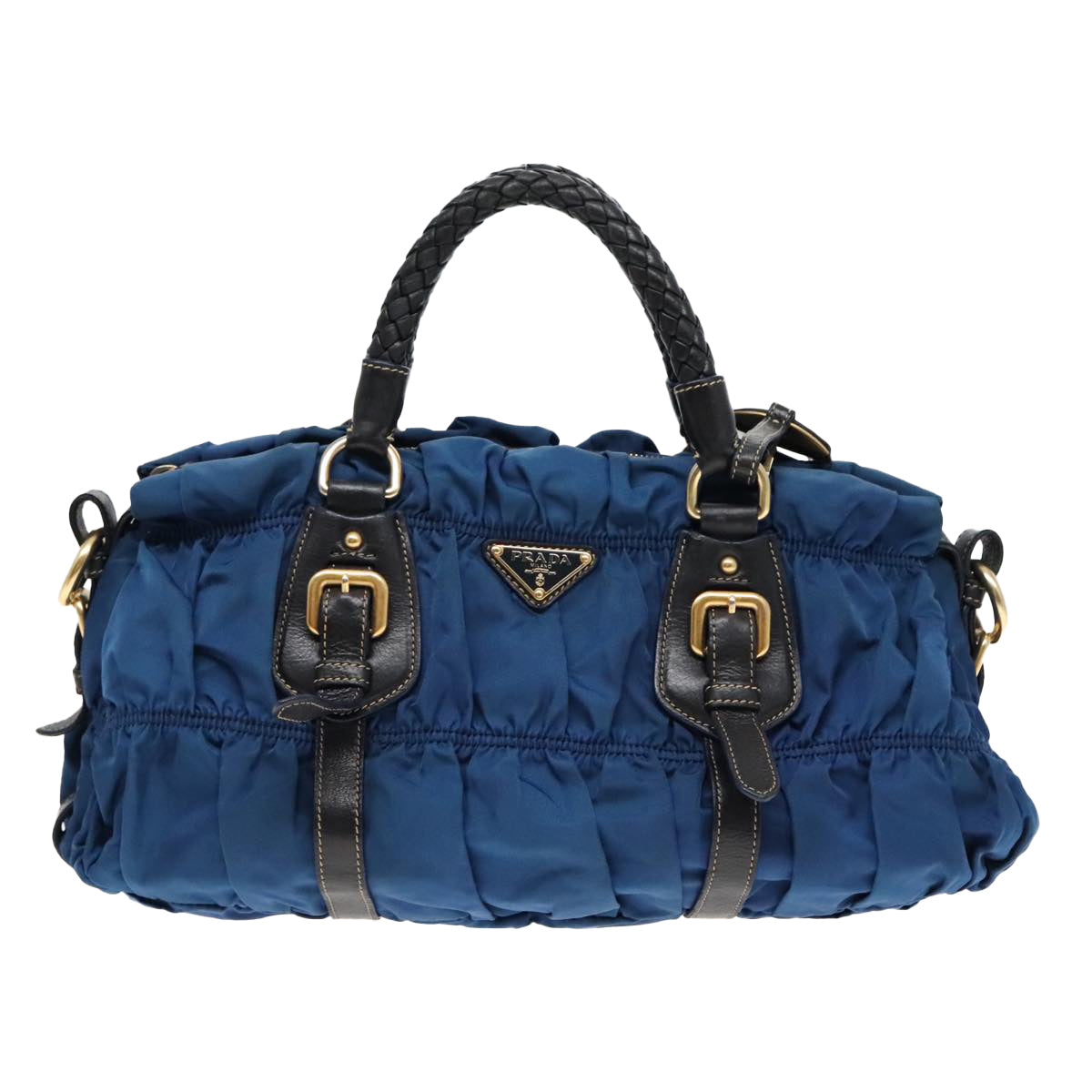 PRADA Gathered Hand Bag Nylon Leather 2way Blue Gold Auth ki5003 - 0