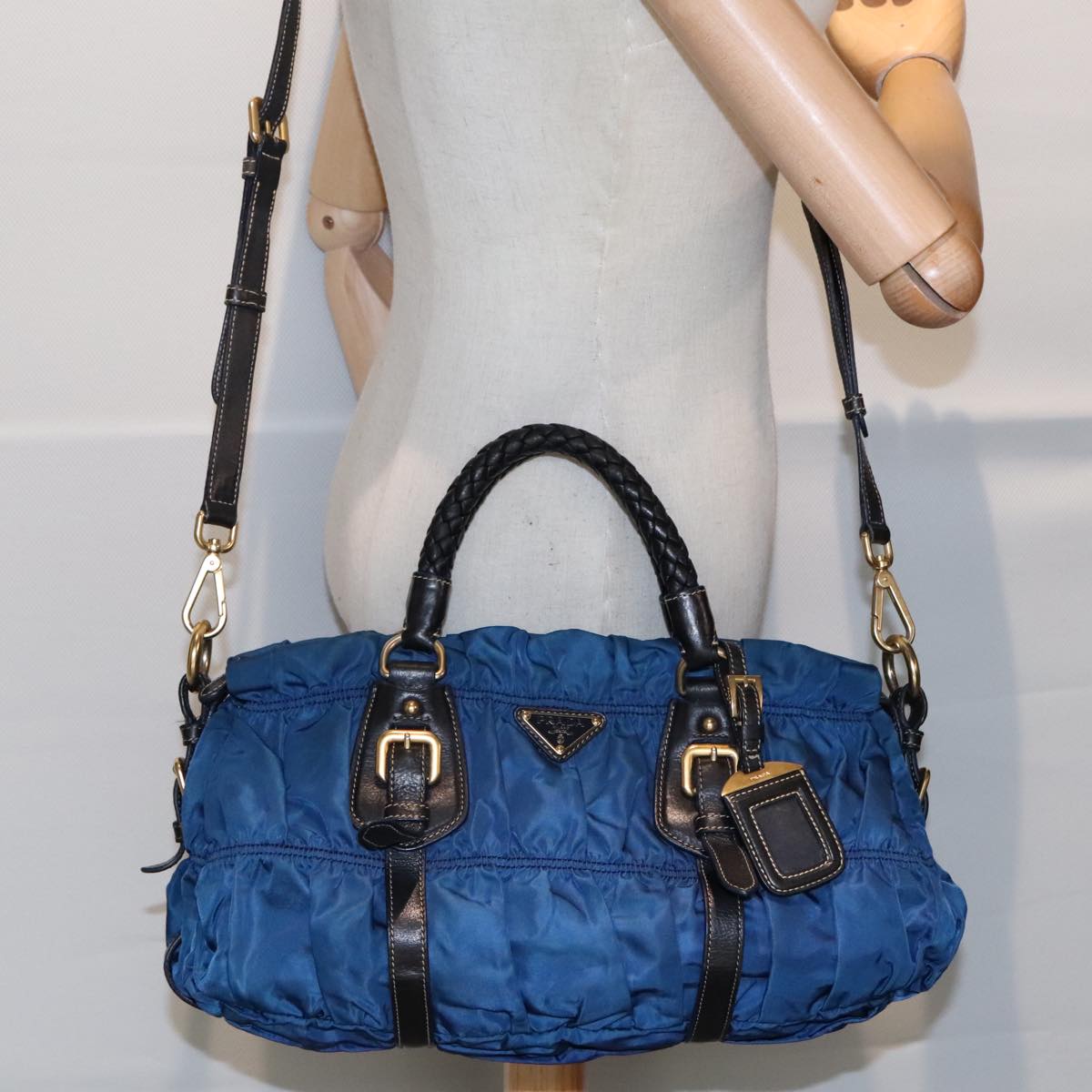 PRADA Gathered Hand Bag Nylon Leather 2way Blue Gold Auth ki5003