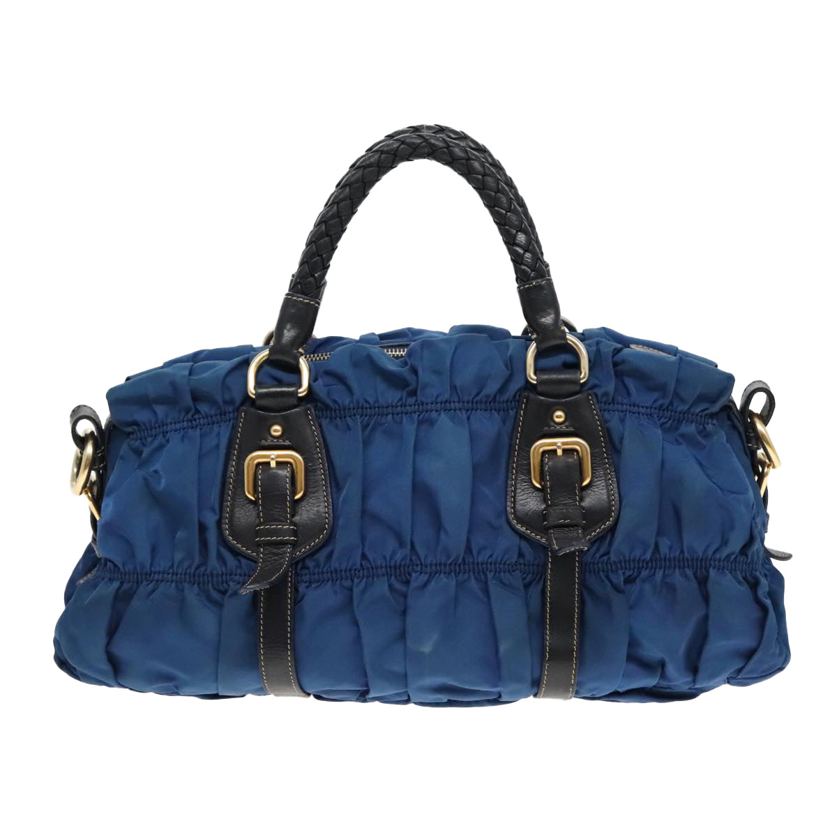 PRADA Gathered Hand Bag Nylon Leather 2way Blue Gold Auth ki5003