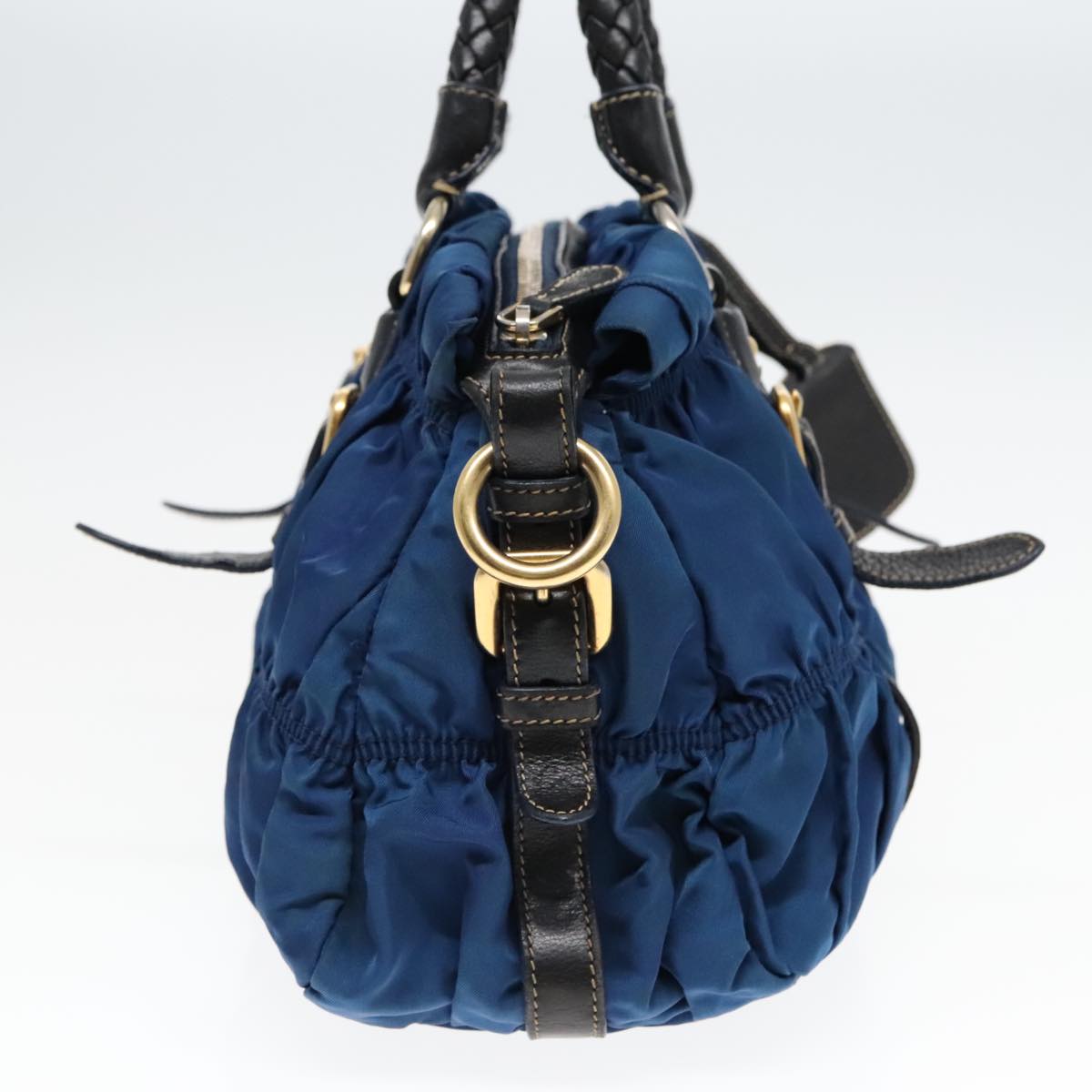 PRADA Gathered Hand Bag Nylon Leather 2way Blue Gold Auth ki5003