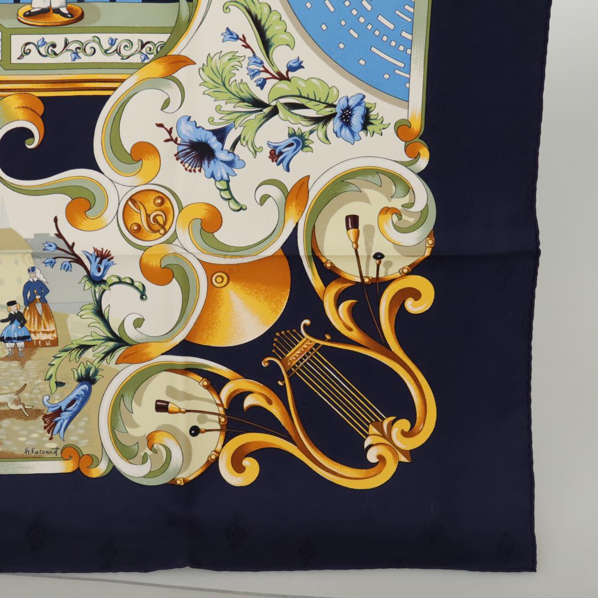 HERMES Carre 90 Scarf ""ORGAUPHONE ET AUTRES MECANIQUES"" Silk Navy Auth ki5010