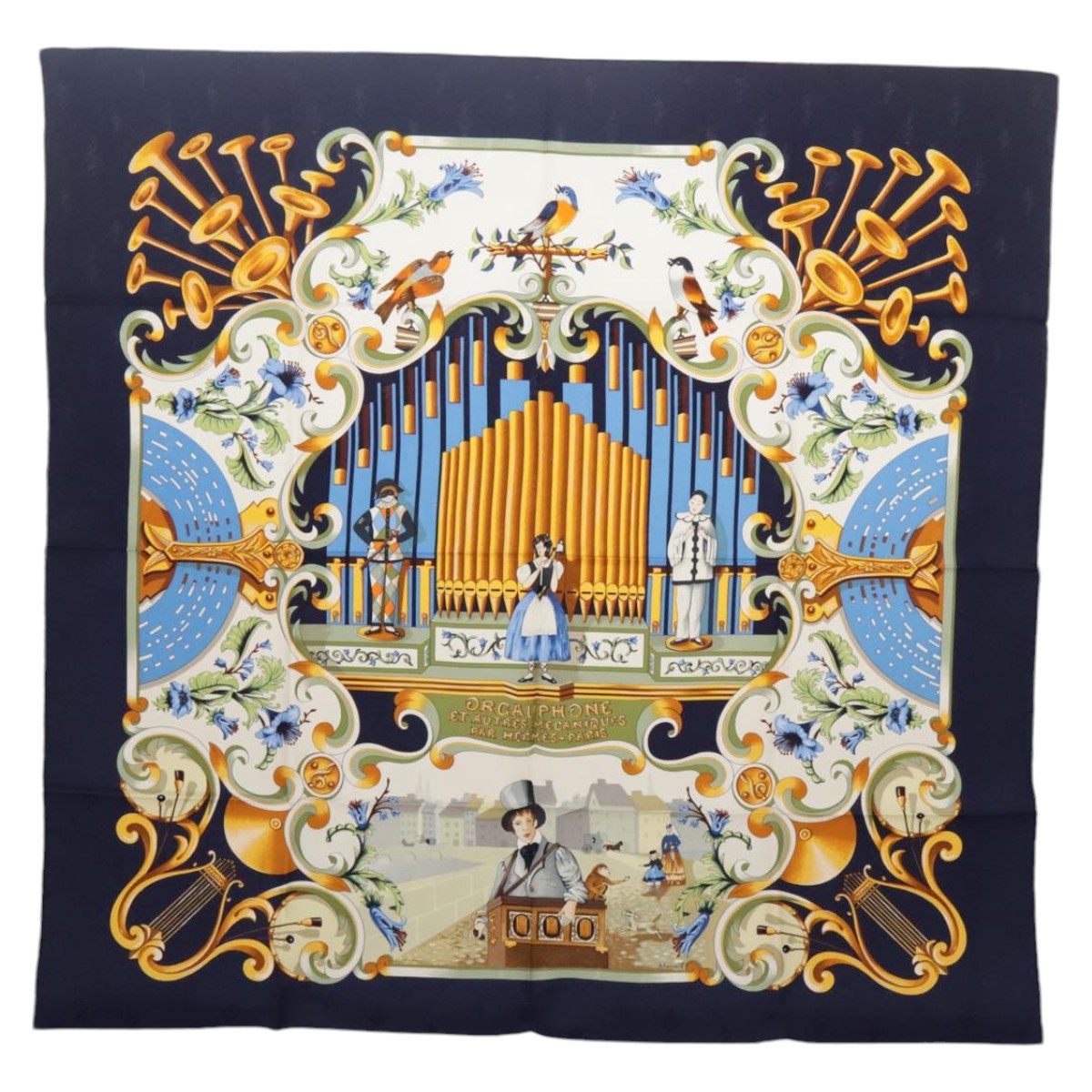 HERMES Carre 90 Scarf ""ORGAUPHONE ET AUTRES MECANIQUES"" Silk Navy Auth ki5010