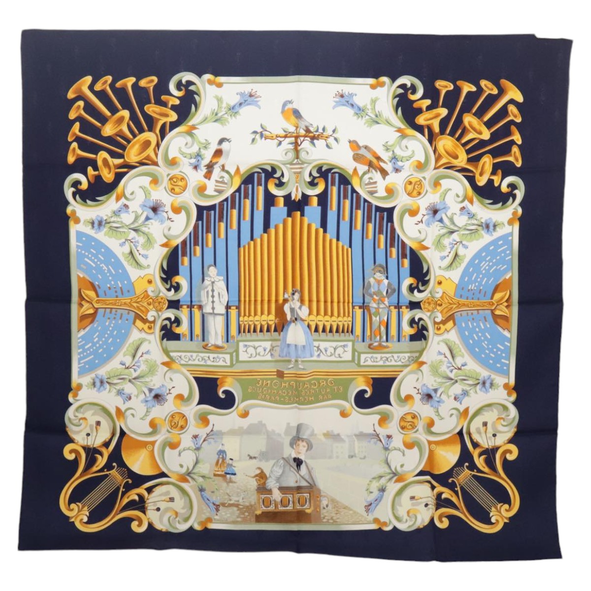 HERMES Carre 90 Scarf ""ORGAUPHONE ET AUTRES MECANIQUES"" Silk Navy Auth ki5010 - 0