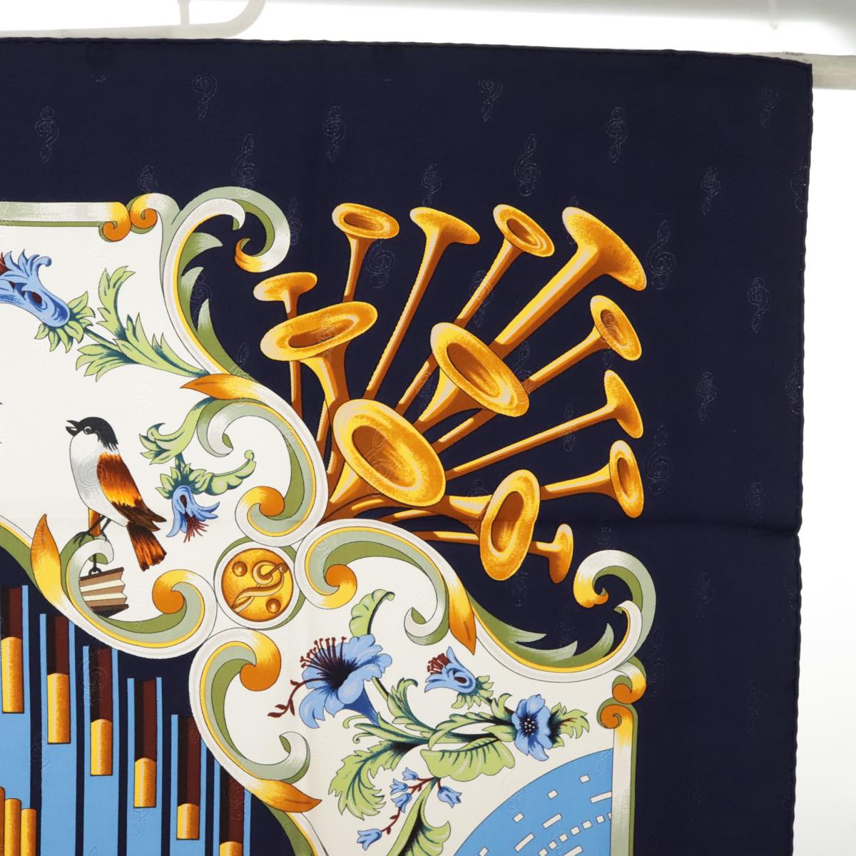 HERMES Carre 90 Scarf ""ORGAUPHONE ET AUTRES MECANIQUES"" Silk Navy Auth ki5010