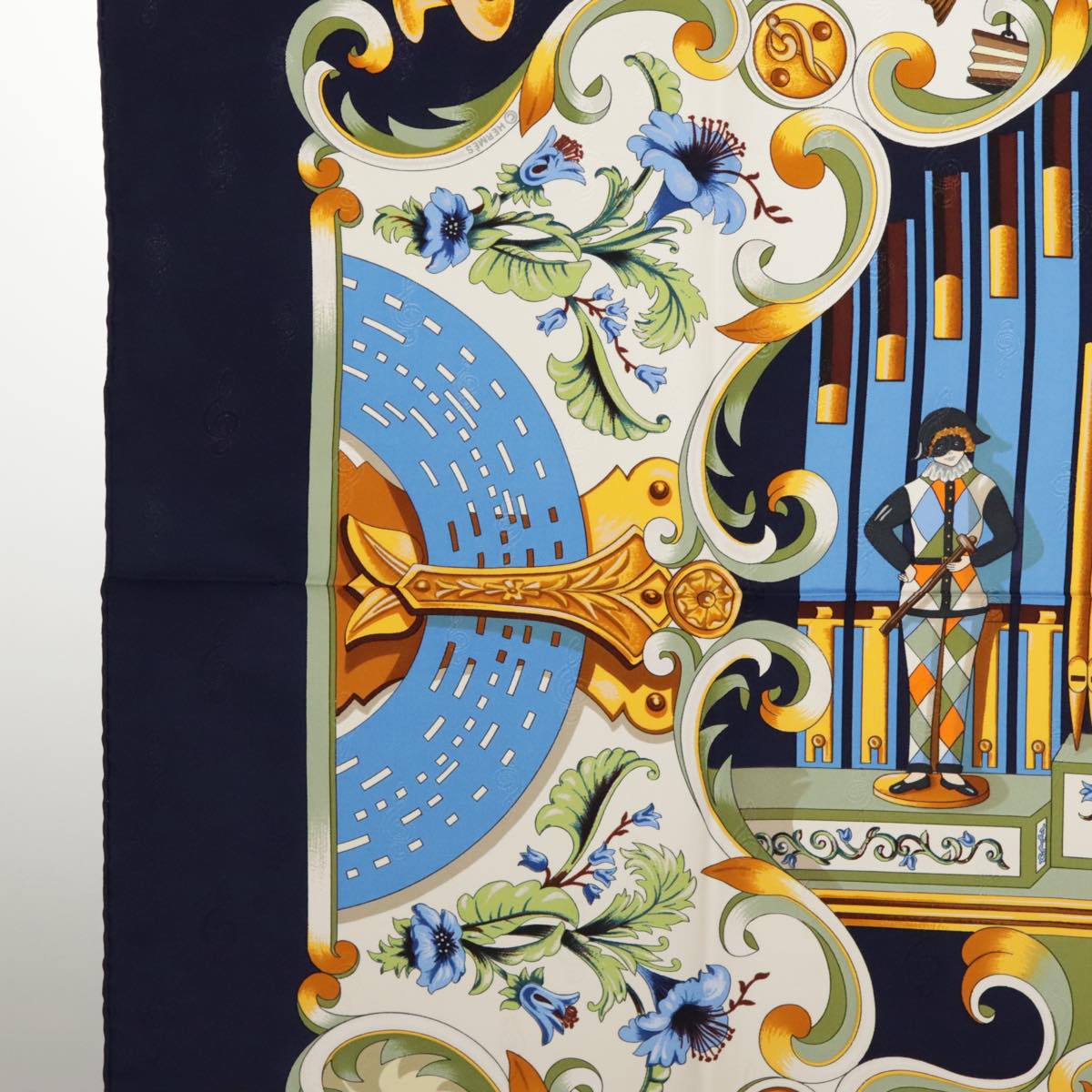 HERMES Carre 90 Scarf ""ORGAUPHONE ET AUTRES MECANIQUES"" Silk Navy Auth ki5010