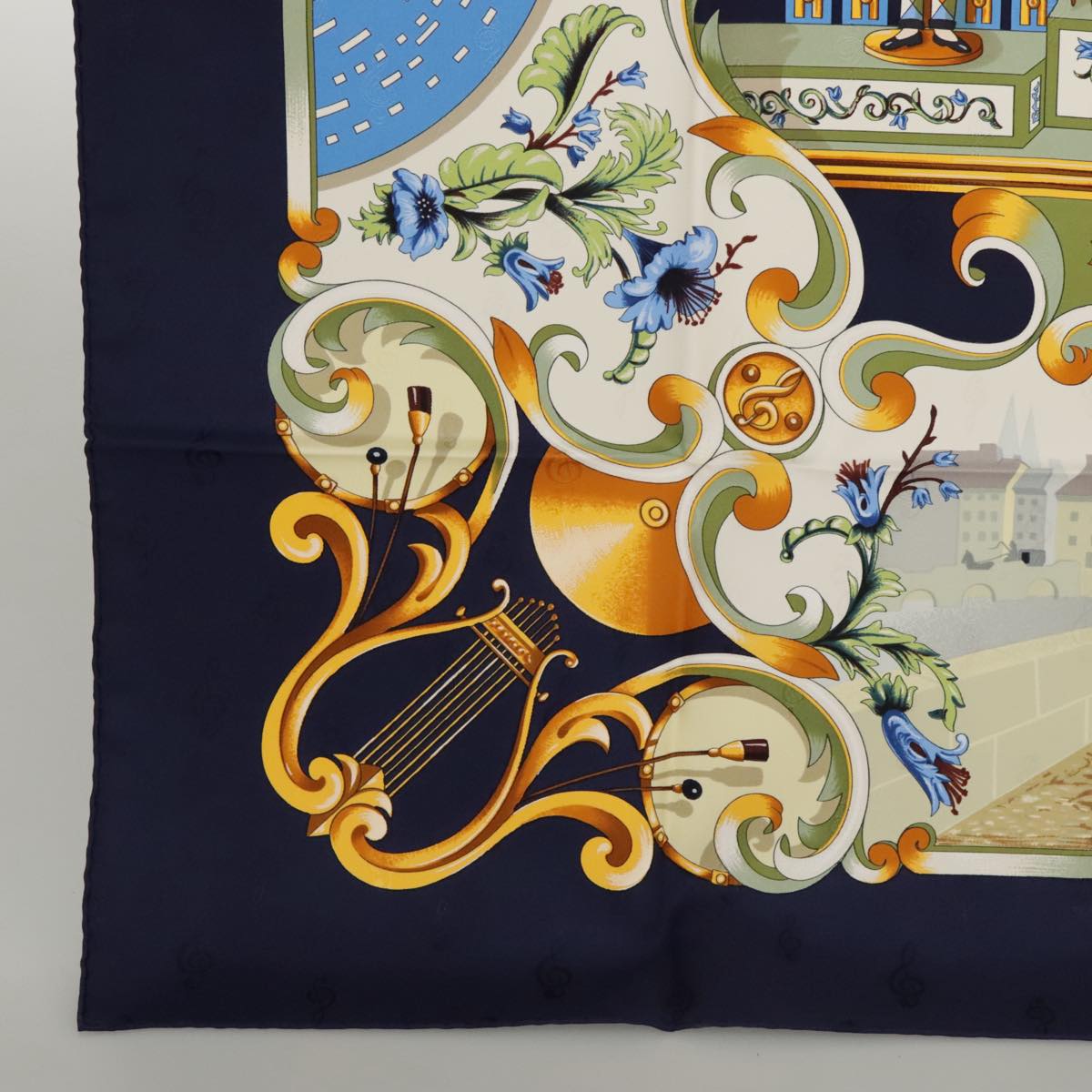 HERMES Carre 90 Scarf ""ORGAUPHONE ET AUTRES MECANIQUES"" Silk Navy Auth ki5010