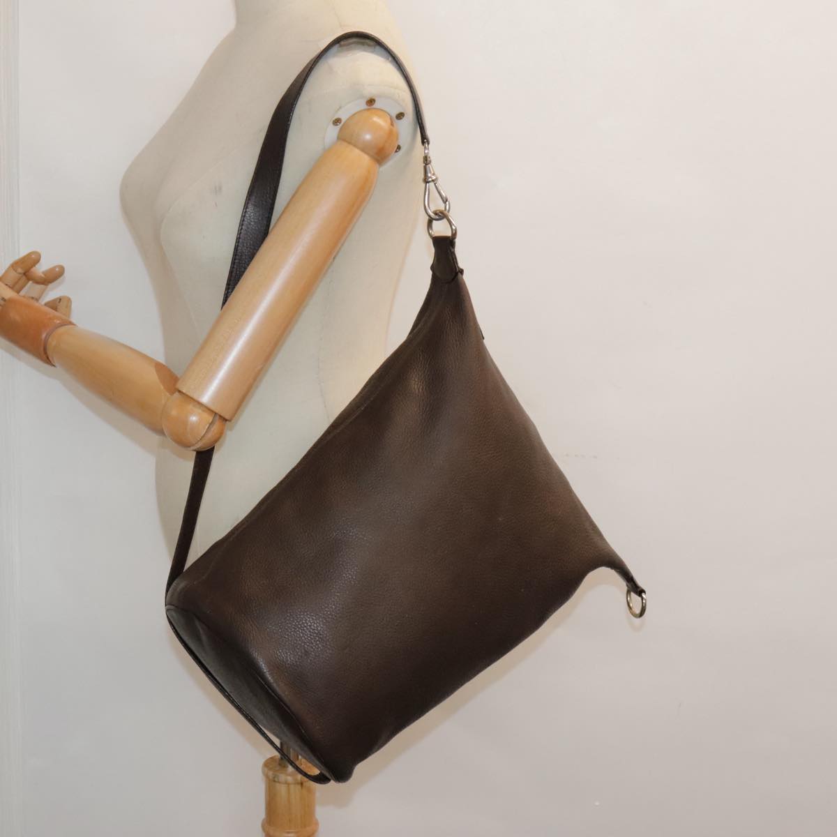 CELINE Shoulder Bag Leather Brown Silver Auth ki5013