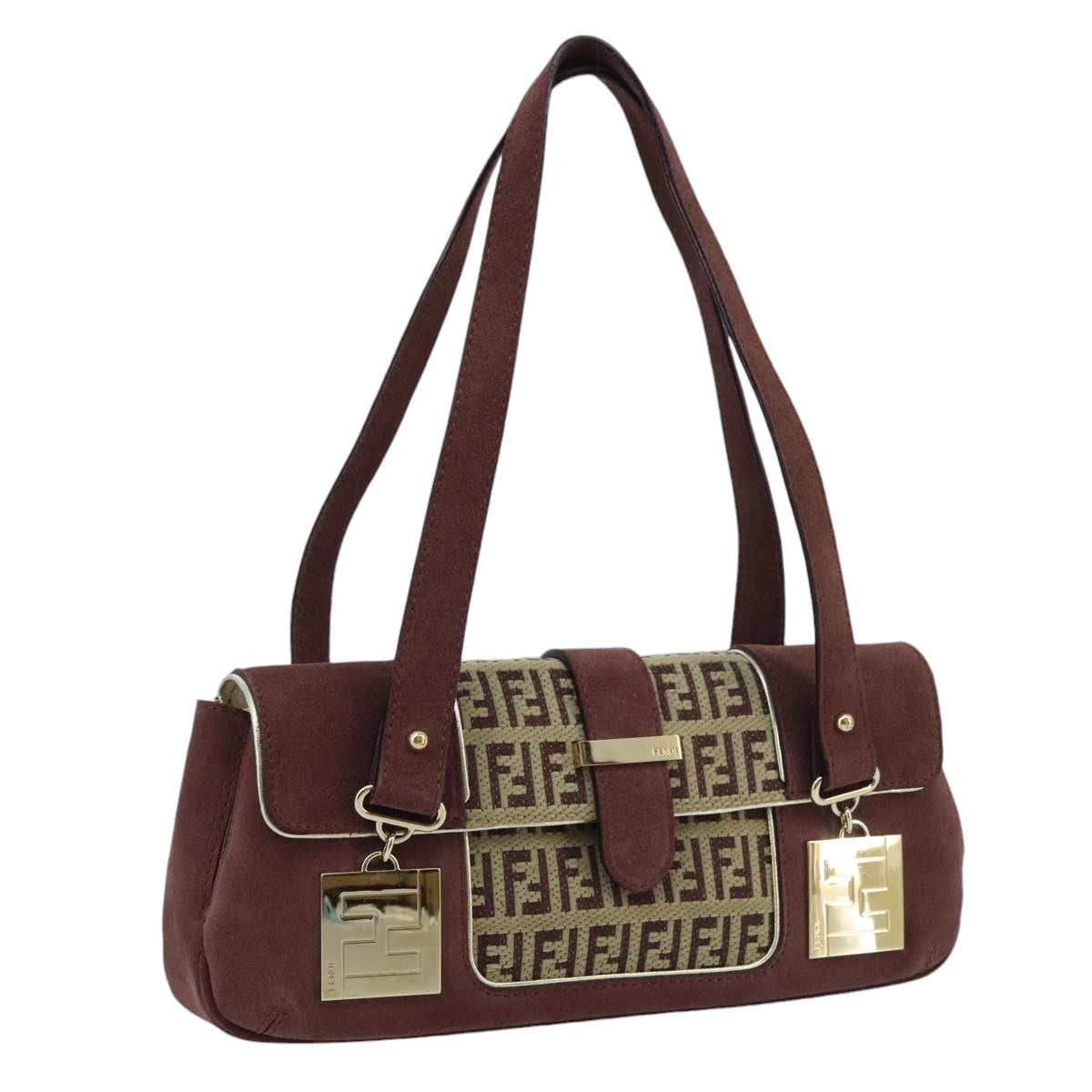 FENDI Zucchino Canvas Hand Bag Suede Beige Bordeaux Auth ki5026