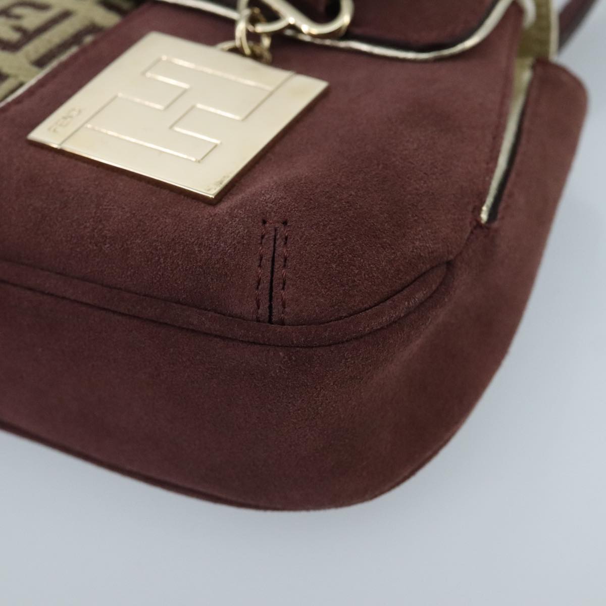 FENDI Zucchino Canvas Hand Bag Suede Beige Bordeaux Auth ki5026