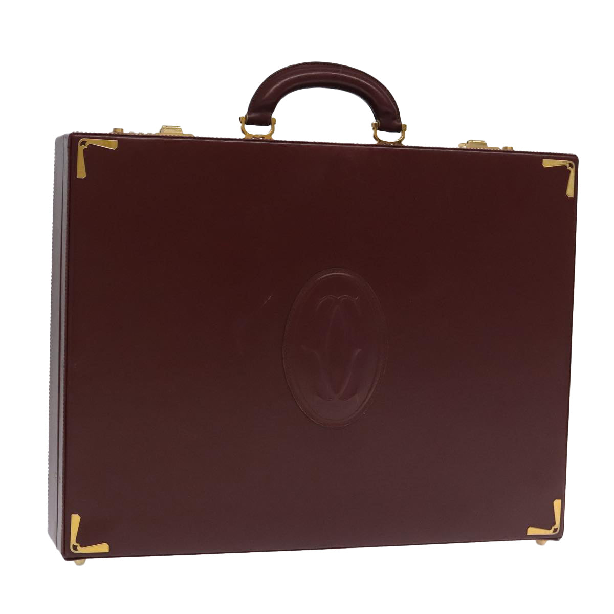 CARTIER Attache Case Leather Bordeaux Gold Auth ki5028