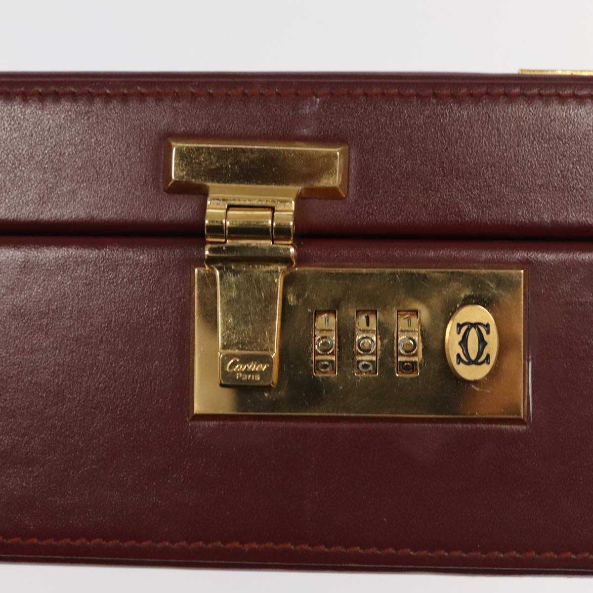 CARTIER Attache Case Leather Bordeaux Gold Auth ki5028