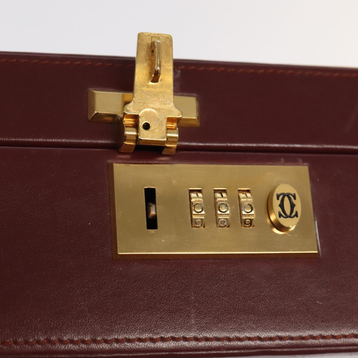 CARTIER Attache Case Leather Bordeaux Gold Auth ki5028