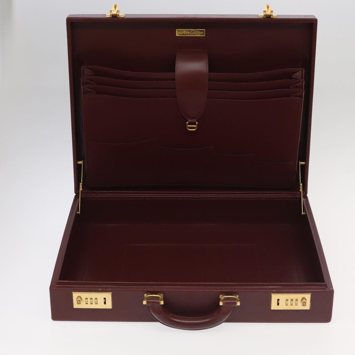 CARTIER Attache Case Leather Bordeaux Gold Auth ki5028