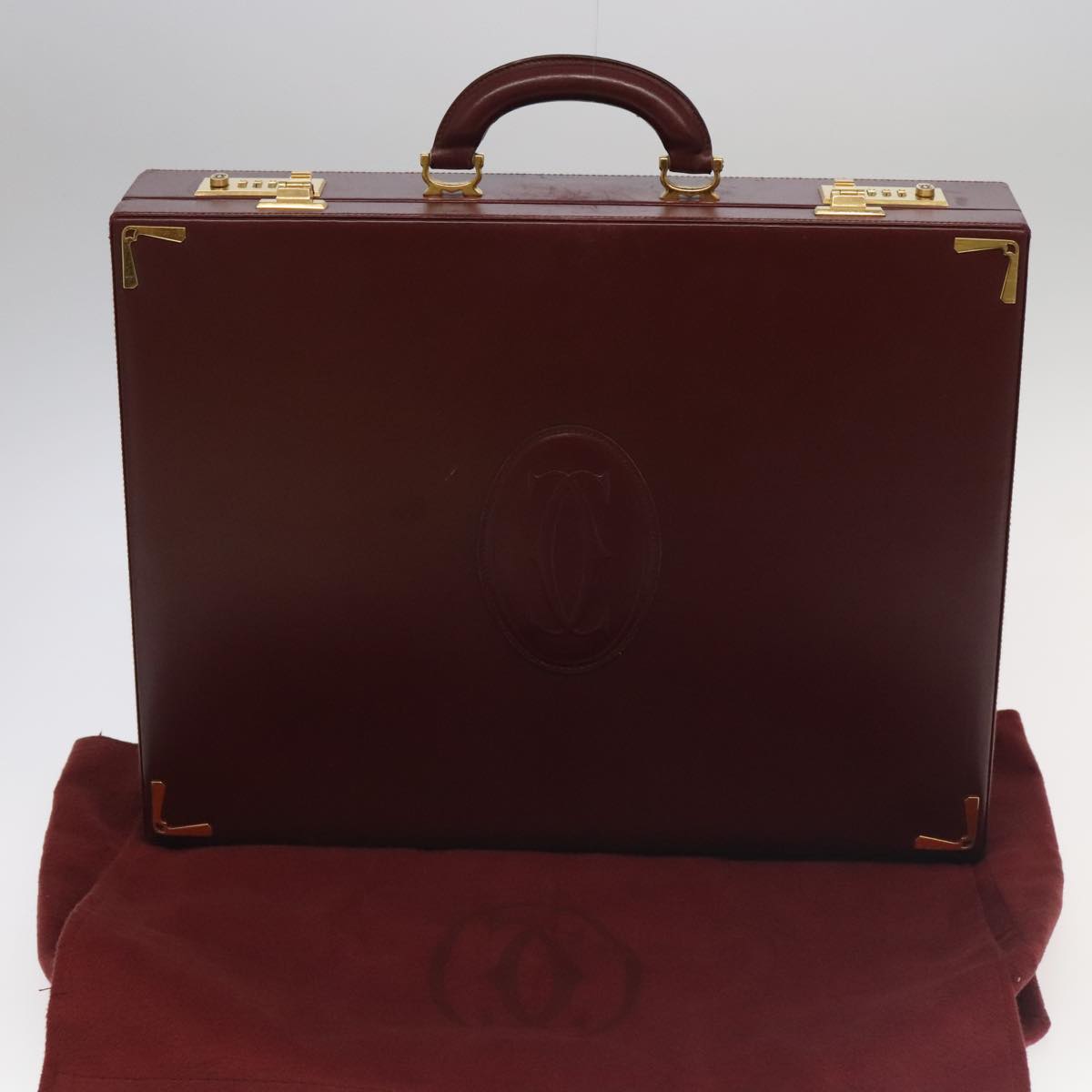 CARTIER Attache Case Leather Bordeaux Gold Auth ki5028