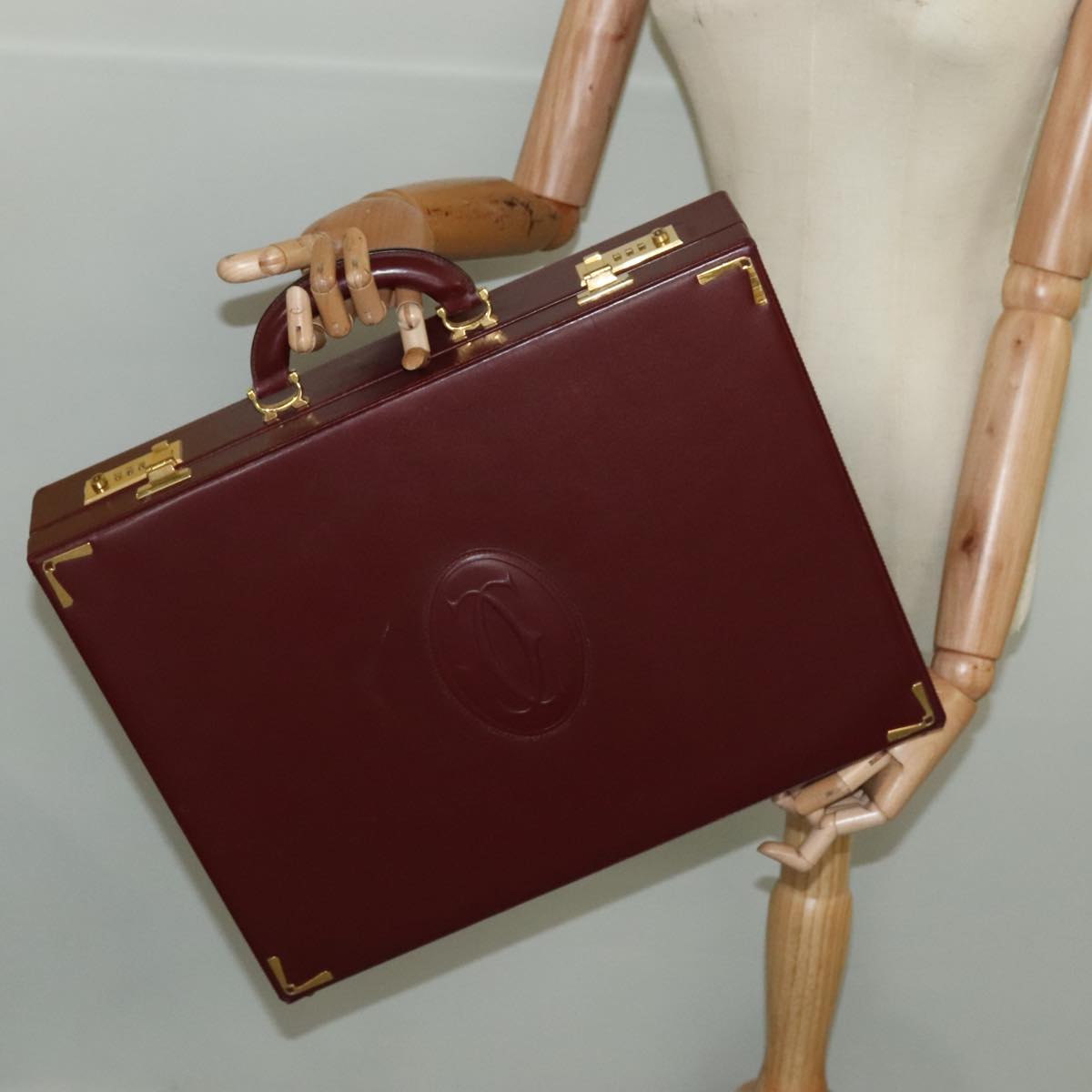 CARTIER Attache Case Leather Bordeaux Gold Auth ki5028