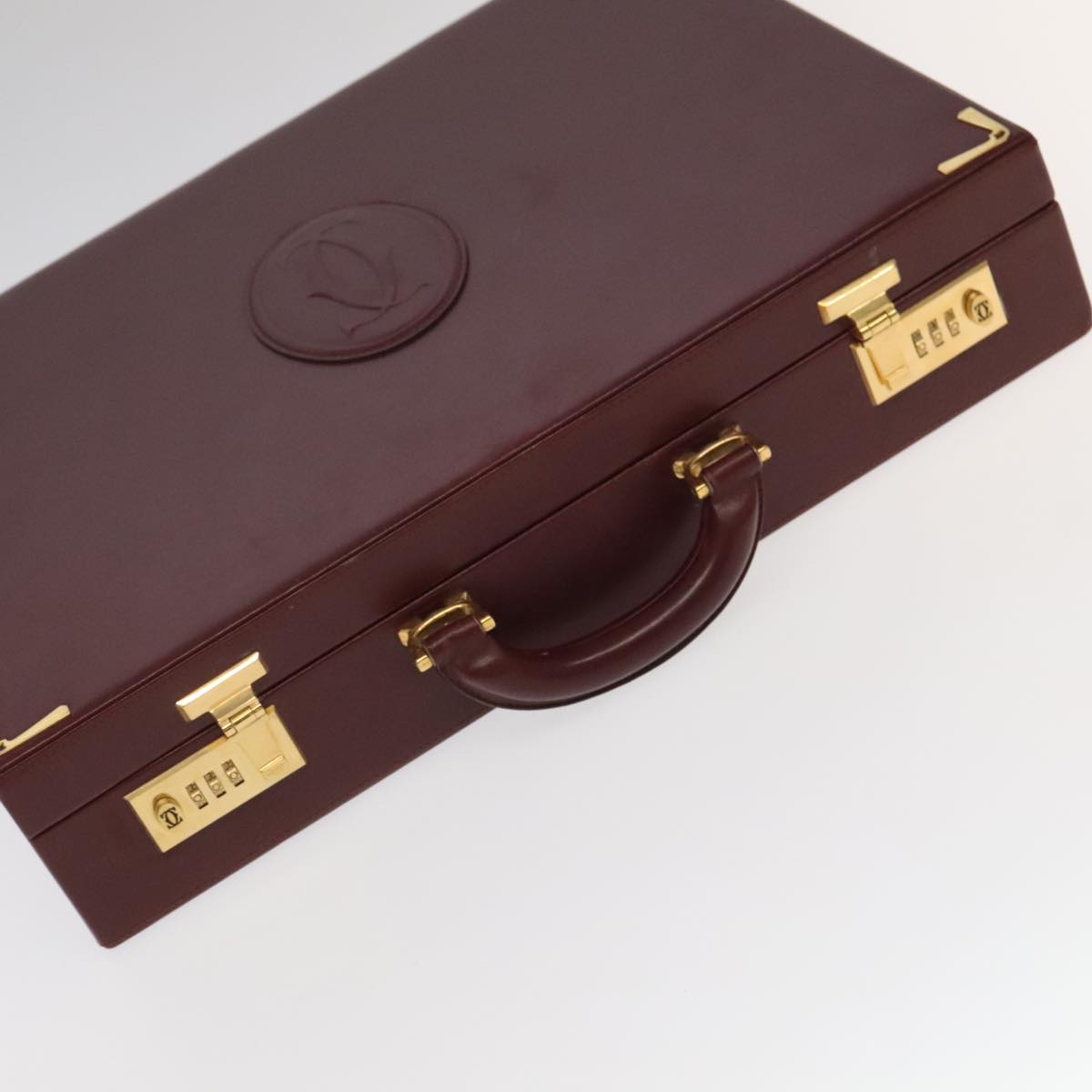 CARTIER Attache Case Leather Bordeaux Gold Auth ki5028