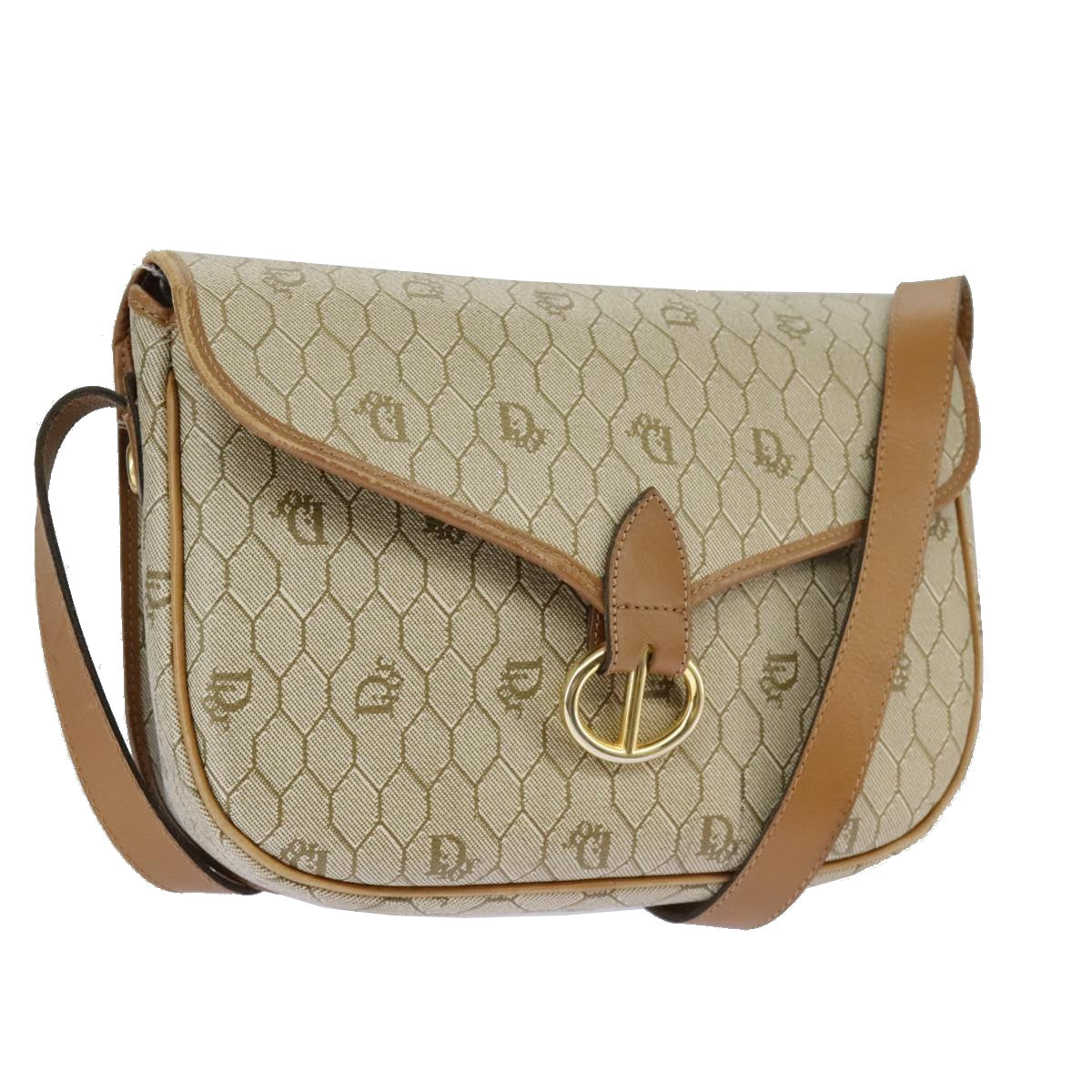 Christian Dior Honeycomb Canvas Shoulder Bag PVC Leather Beige Gold Auth ki5029