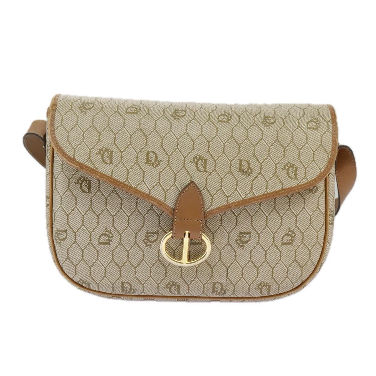 Christian Dior Honeycomb Canvas Shoulder Bag PVC Leather Beige Gold Auth ki5029 - 0