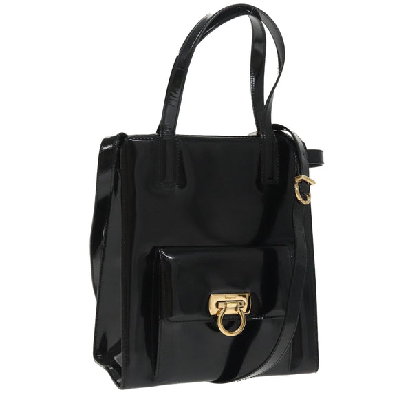 Salvatore Ferragamo Gancini Shoulder Bag Patent 2way Black Gold Auth ki5031