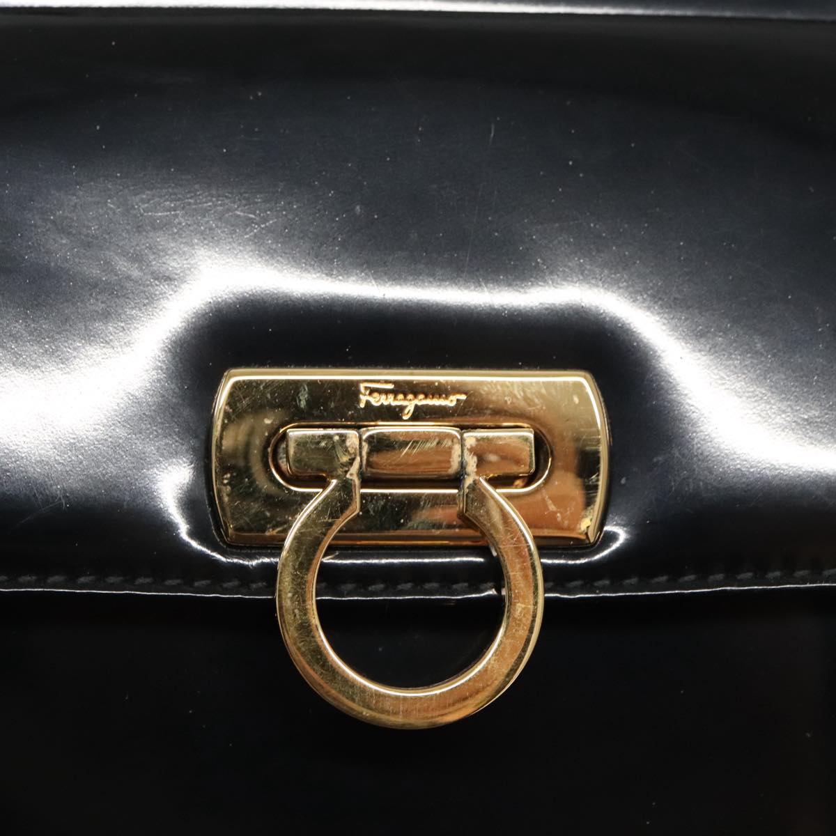 Salvatore Ferragamo Gancini Shoulder Bag Patent 2way Black Gold Auth ki5031