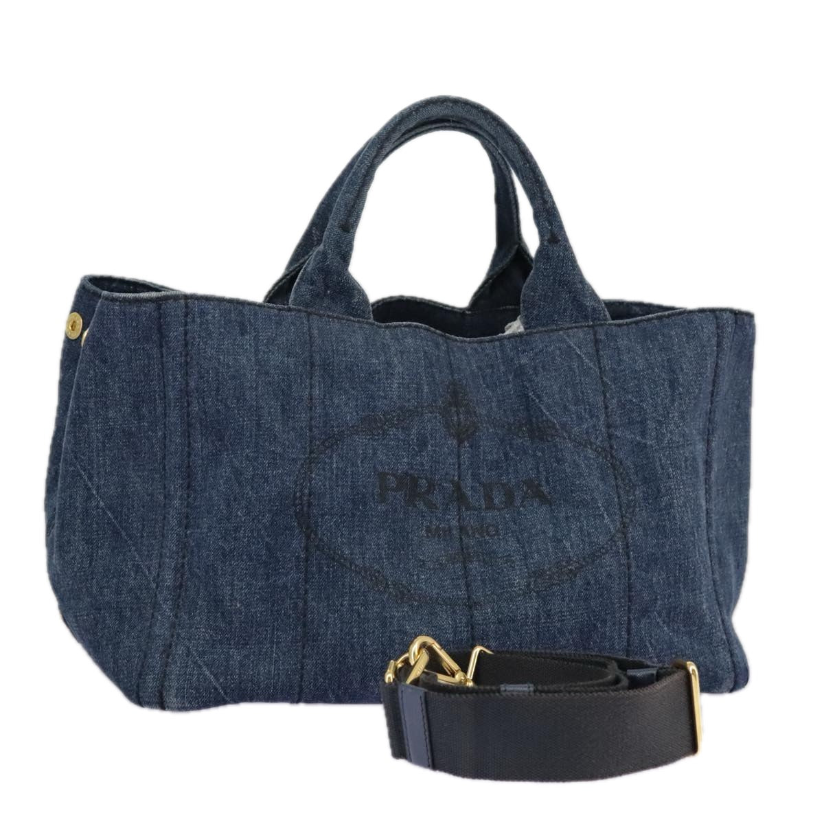 PRADA Canapa MM Hand Bag Denim 2way Blue Gold Auth ki5033