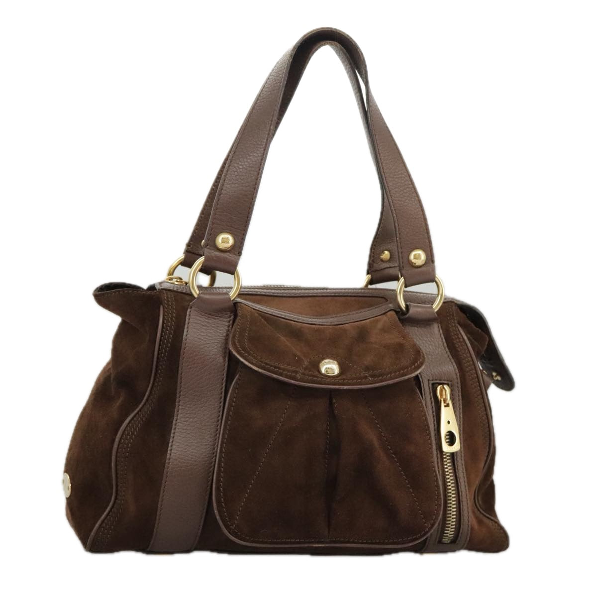 CELINE Hand Bag Suede Brown Gold Auth ki5035