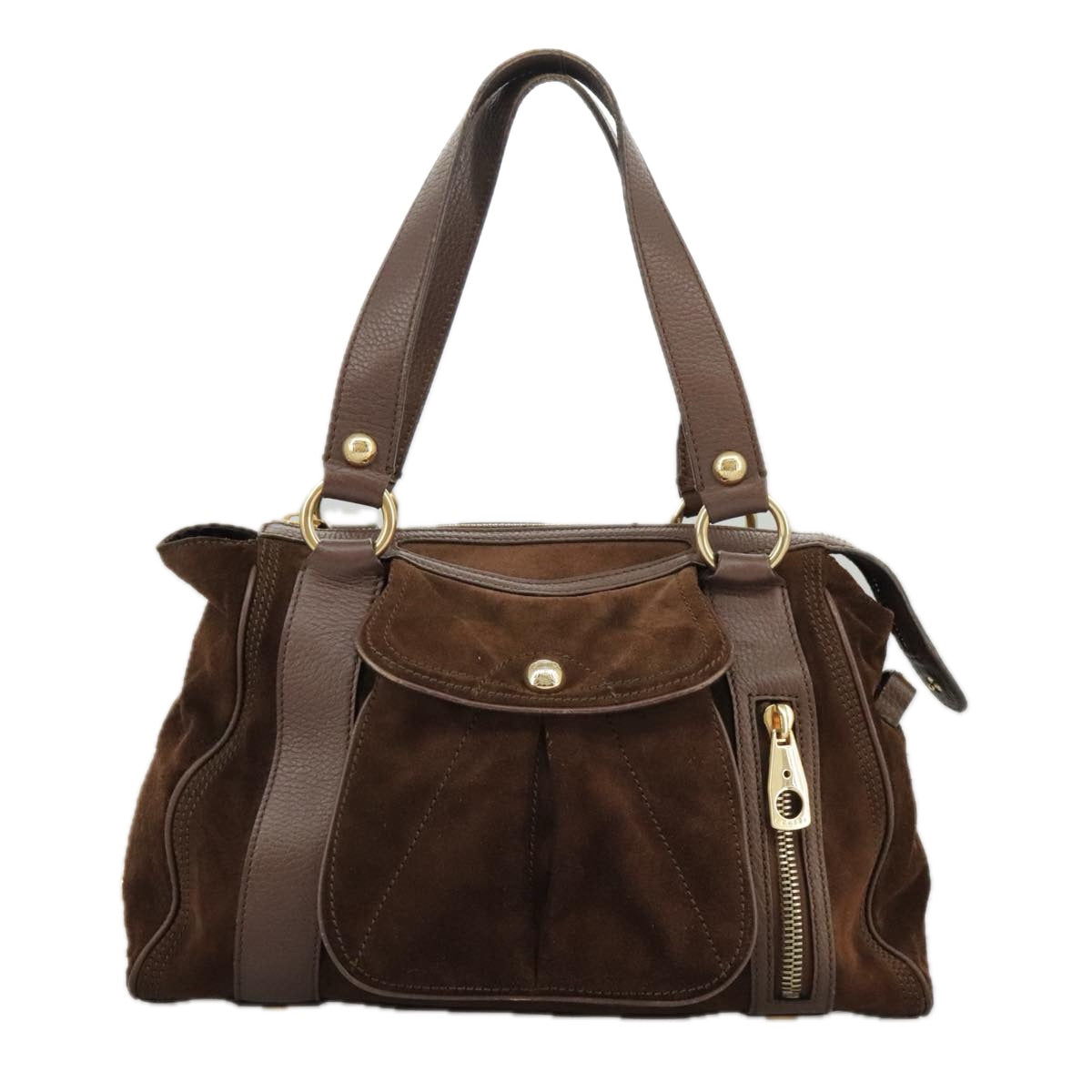 CELINE Hand Bag Suede Brown Gold Auth ki5035