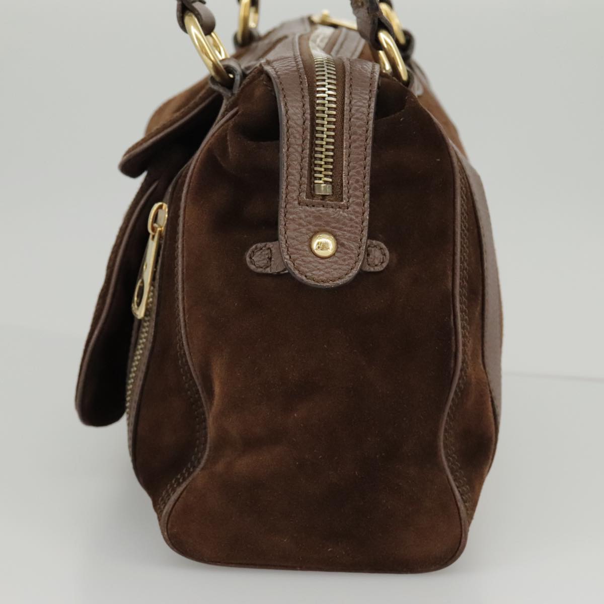 CELINE Hand Bag Suede Brown Gold Auth ki5035