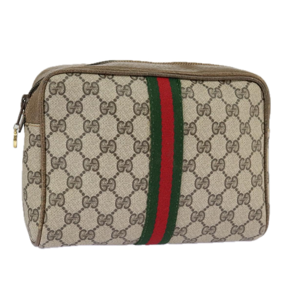 GUCCI GG Supreme Web Sherry Line Clutch Bag PVC Beige Red 27 004 998 Auth ki5038