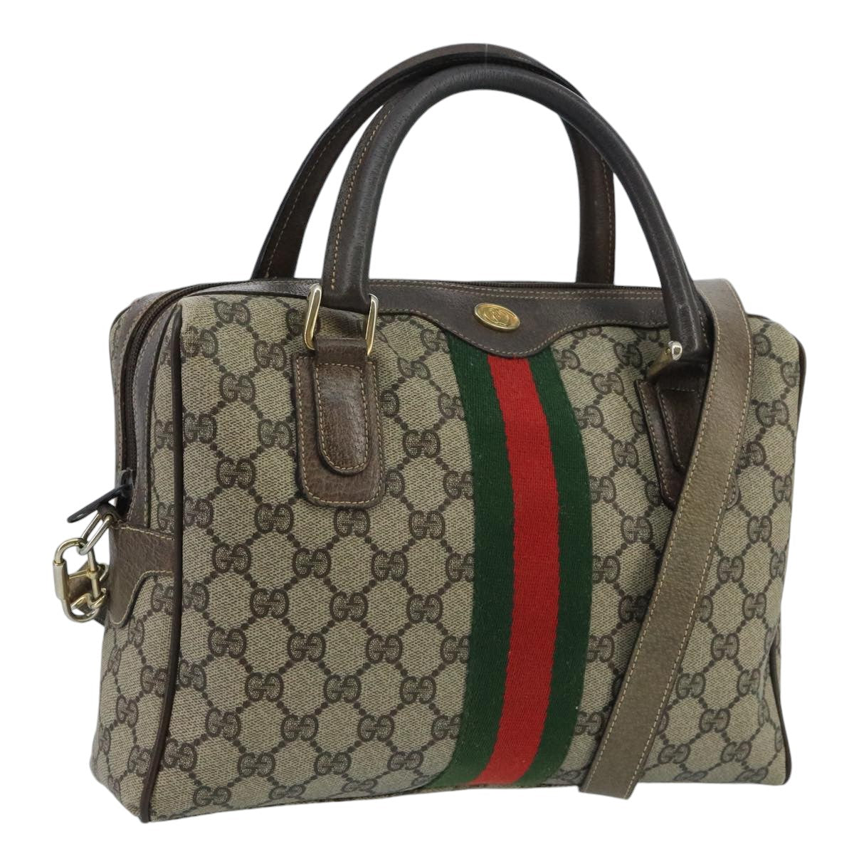 GUCCI GG Supreme Web Sherry Line Bag PVC 2way Beige 378 002 3839 Auth ki5039