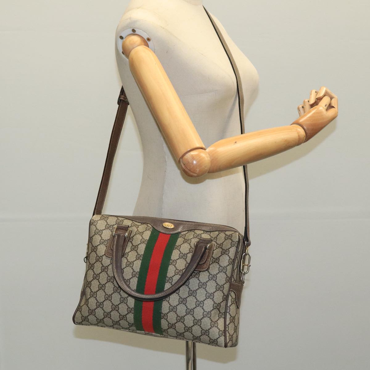 GUCCI GG Supreme Web Sherry Line Bag PVC 2way Beige 378 002 3839 Auth ki5039