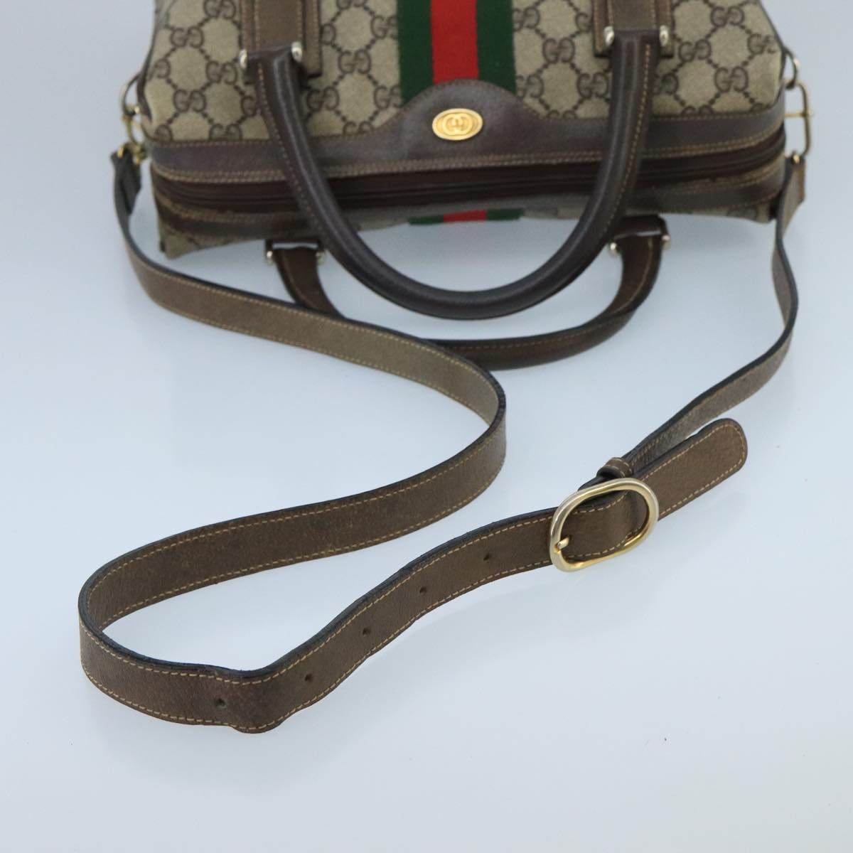 GUCCI GG Supreme Web Sherry Line Bag PVC 2way Beige 378 002 3839 Auth ki5039