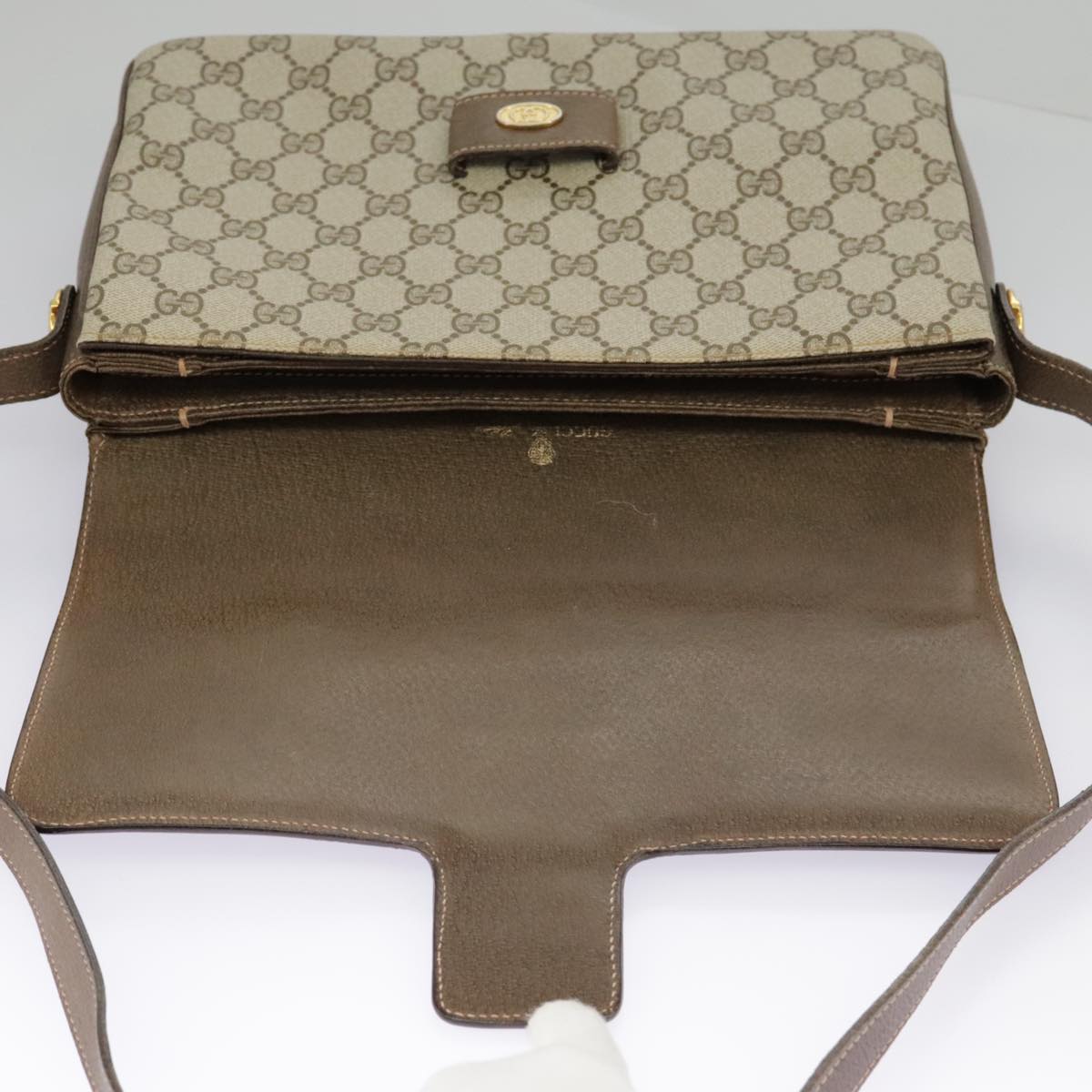 GUCCI GG Supreme Horsebit Shoulder Bag PVC Beige Gold Auth ki5040