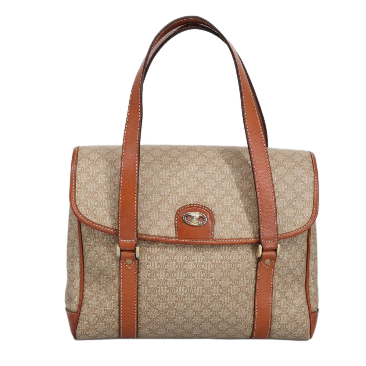 CELINE Macadam Canvas Hand Bag Beige Gold Auth ki5042