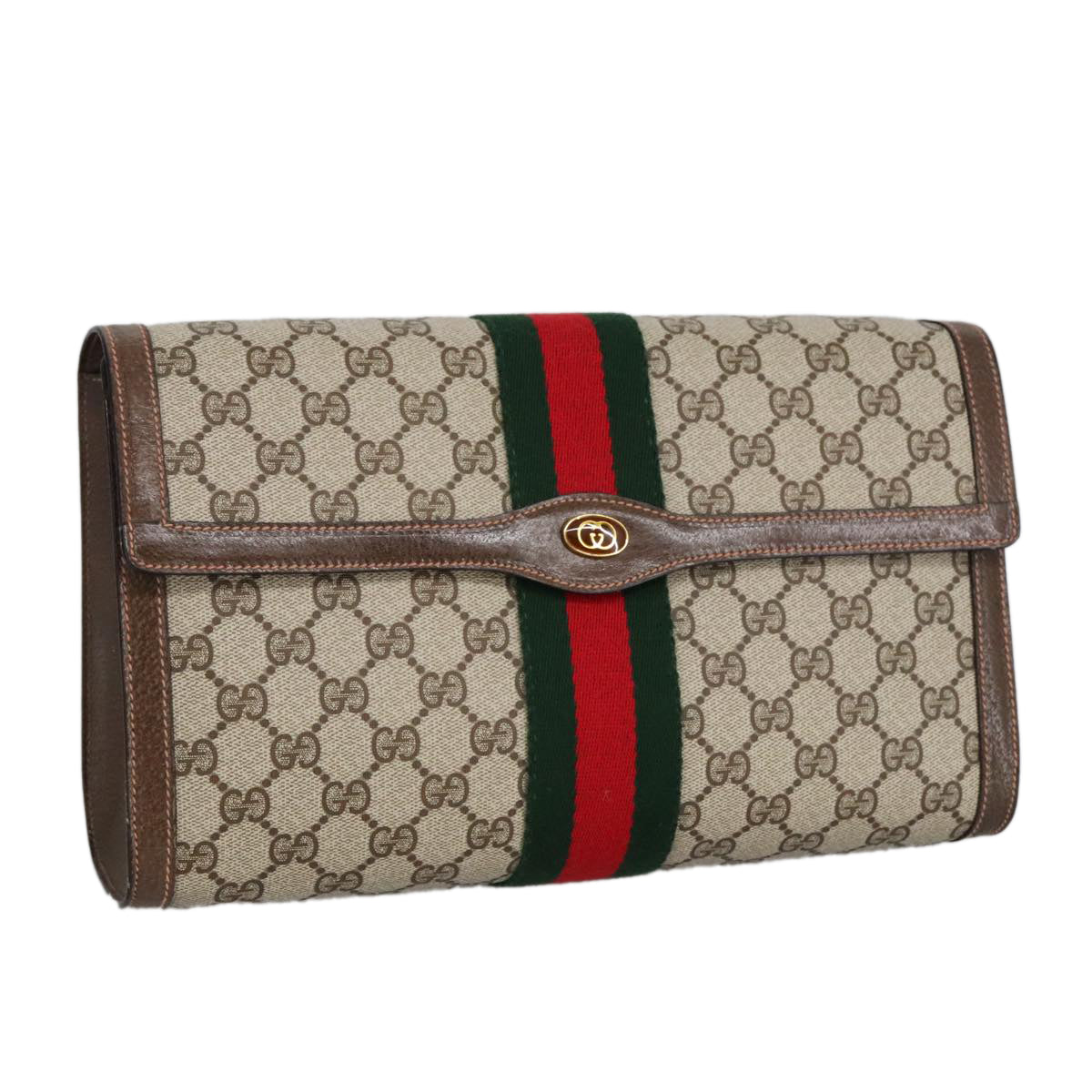 GUCCI GG Supreme Web Sherry Line Clutch Bag PVC Beige Red 89 01 007 Auth ki5050