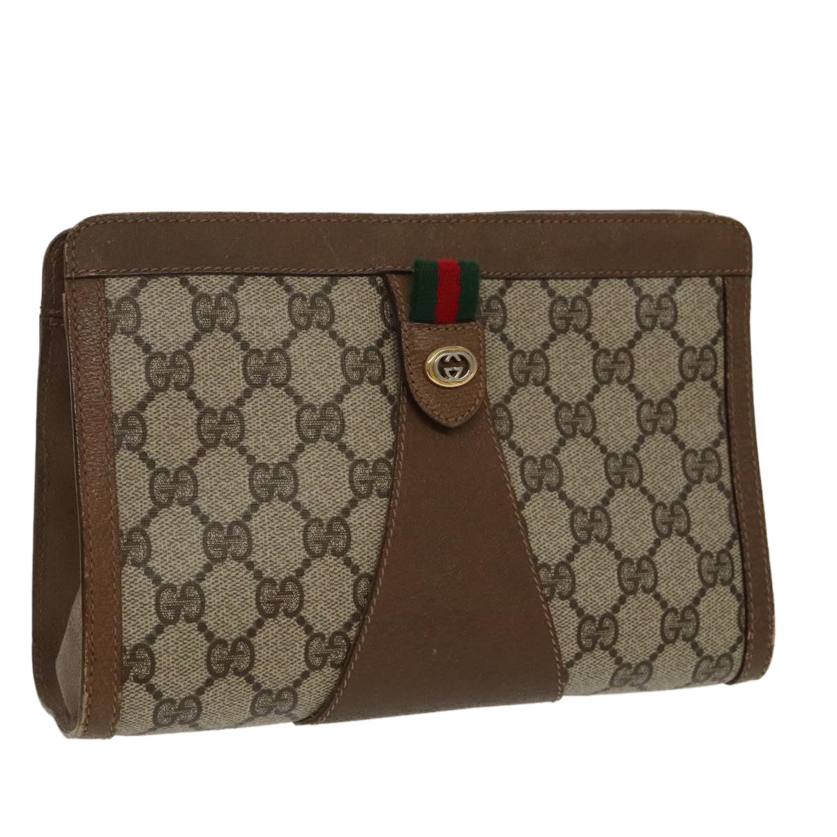 GUCCI GG Supreme Web Sherry Line Clutch Bag PVC Beige Red 89 01 032 Auth ki5061