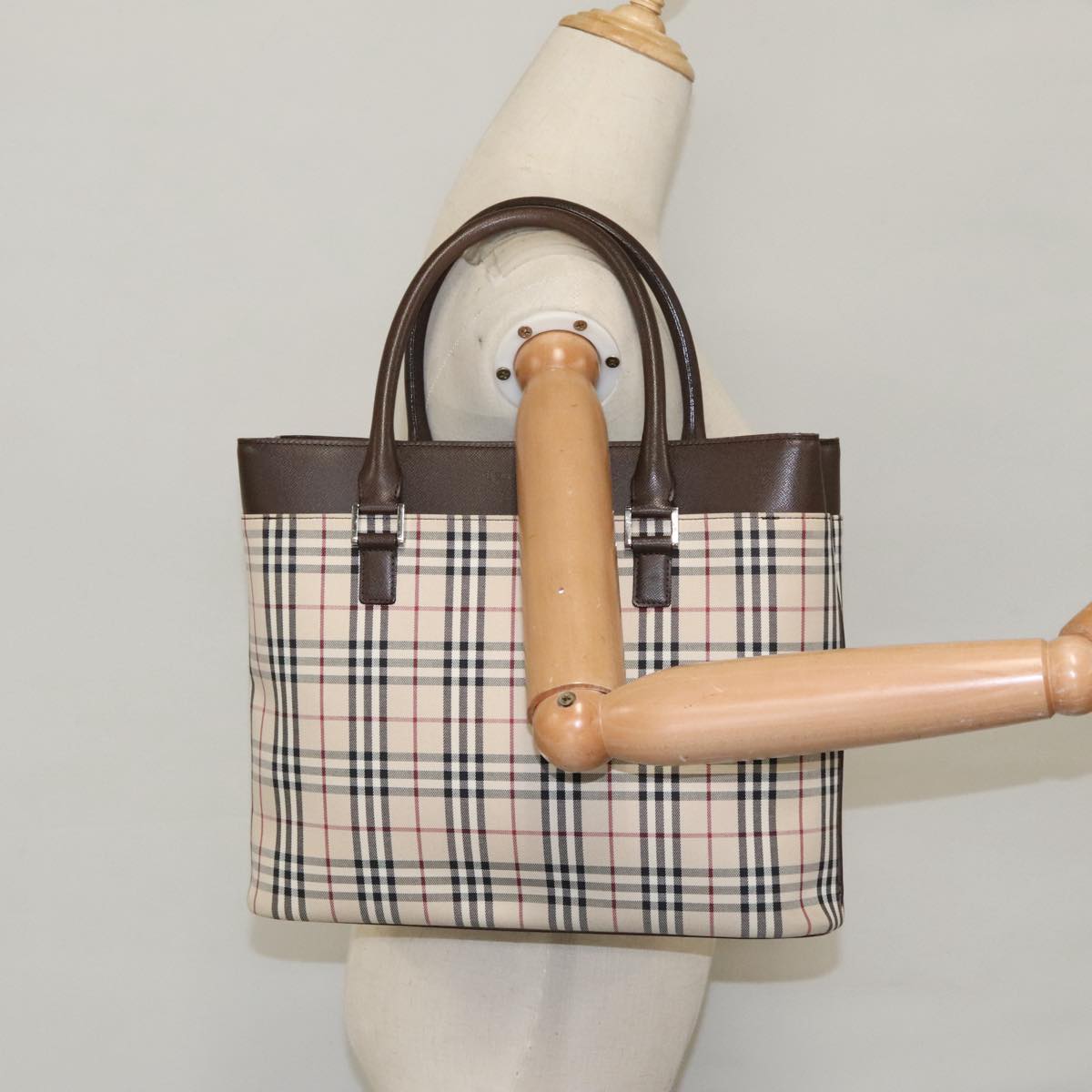 BURBERRY Nova Check Tote Bag Nylon Beige Silver Auth ki5071