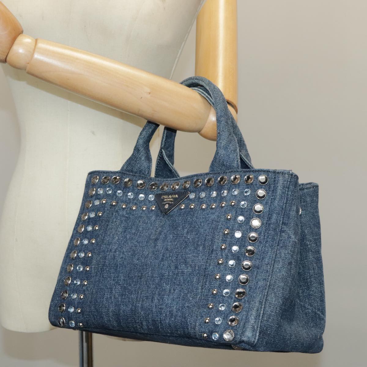 PRADA Bijoux Canapa PM Hand Bag Denim Blue Silver Auth ki5076