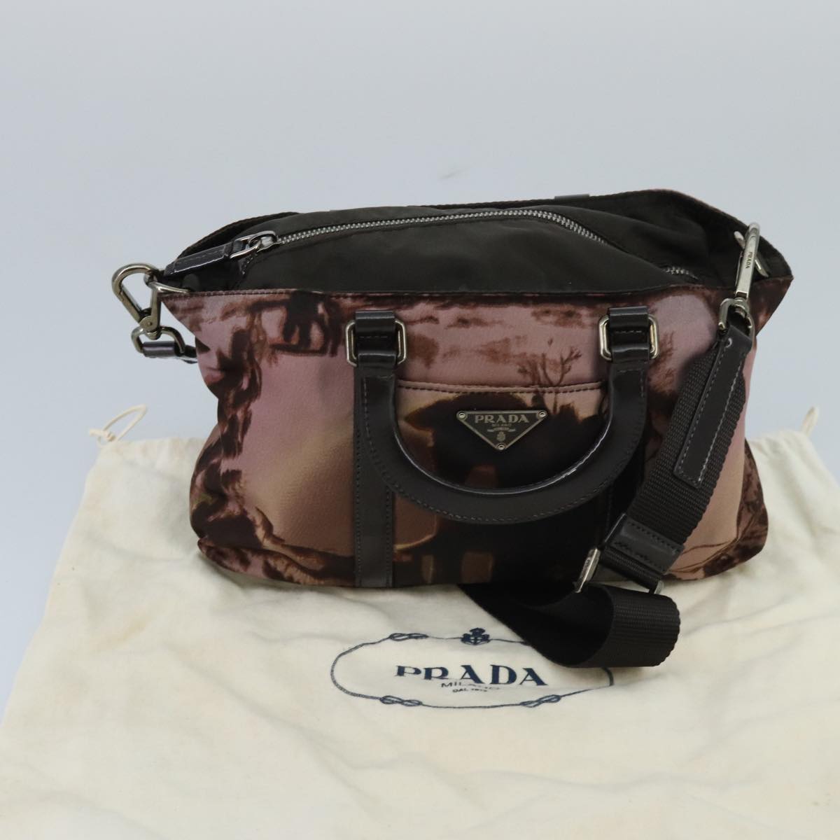 PRADA Hand Bag Nylon 2way Brown Silver Auth ki5081