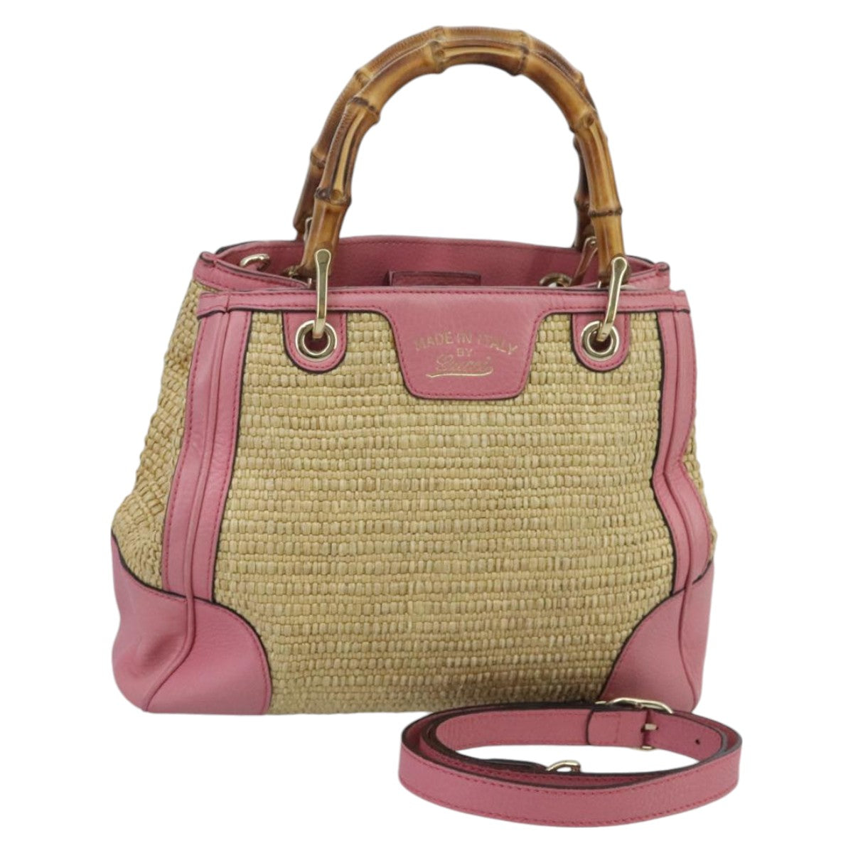 GUCCI Bamboo Hand Bag Straw Leather 2way Beige Pink Gold 336032 Auth ki5083