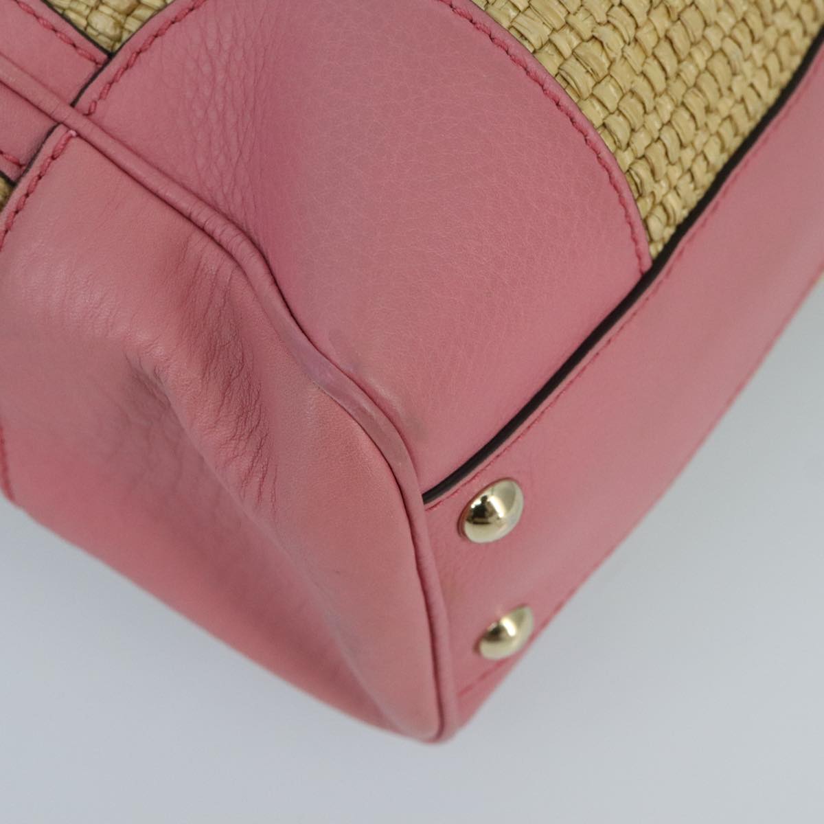 GUCCI Bamboo Hand Bag Straw Leather 2way Beige Pink Gold 336032 Auth ki5083