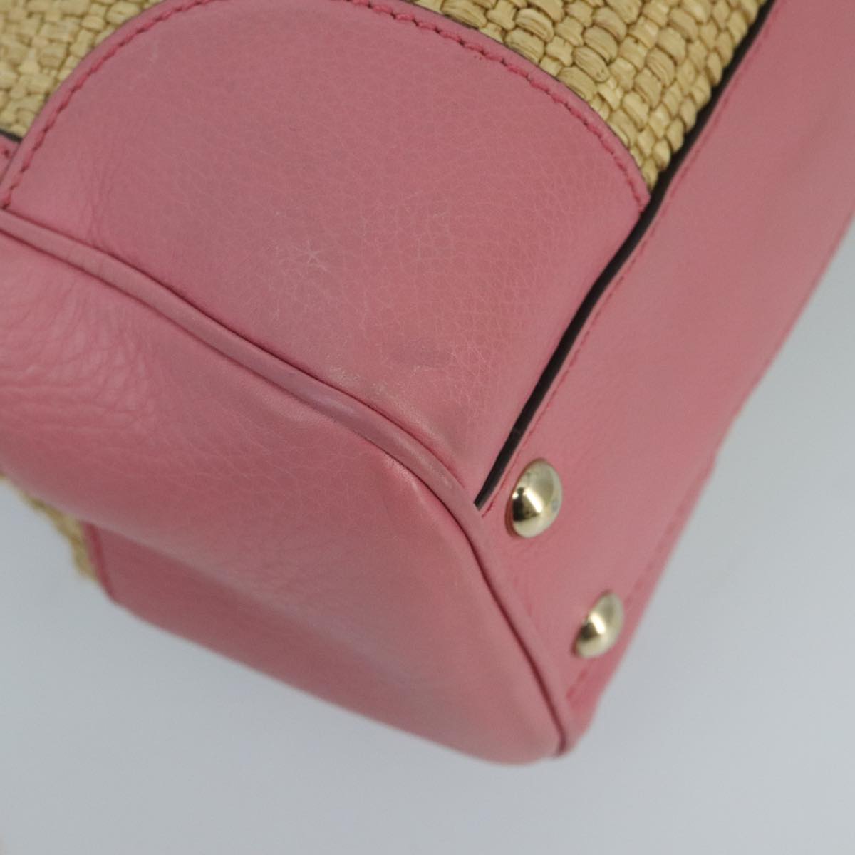 GUCCI Bamboo Hand Bag Straw Leather 2way Beige Pink Gold 336032 Auth ki5083