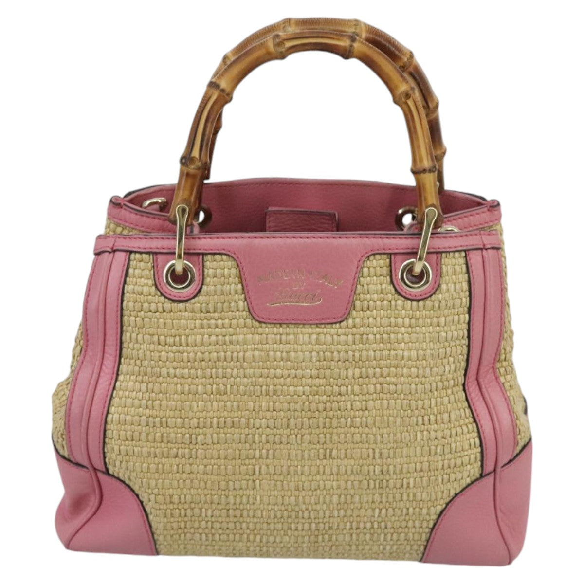 GUCCI Bamboo Hand Bag Straw Leather 2way Beige Pink Gold 336032 Auth ki5083