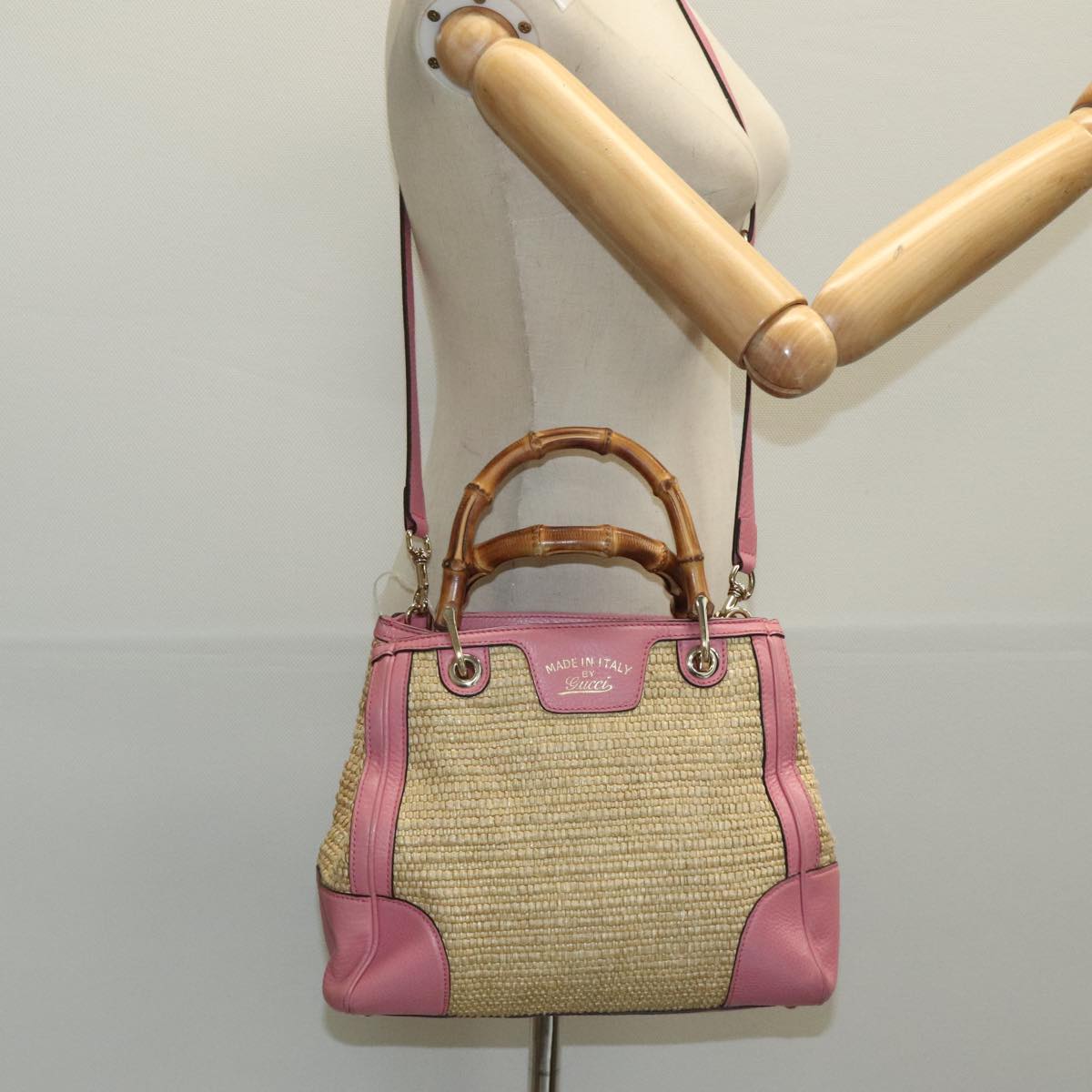 GUCCI Bamboo Hand Bag Straw Leather 2way Beige Pink Gold 336032 Auth ki5083