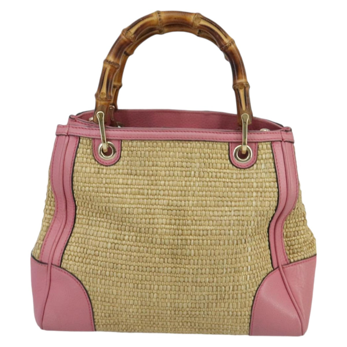 GUCCI Bamboo Hand Bag Straw Leather 2way Beige Pink Gold 336032 Auth ki5083 - 0