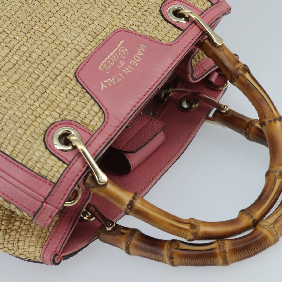 GUCCI Bamboo Hand Bag Straw Leather 2way Beige Pink Gold 336032 Auth ki5083