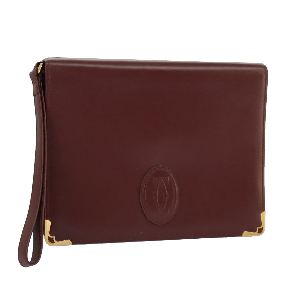 CARTIER Clutch Bag Leather Bordeaux Gold Auth ki5085A