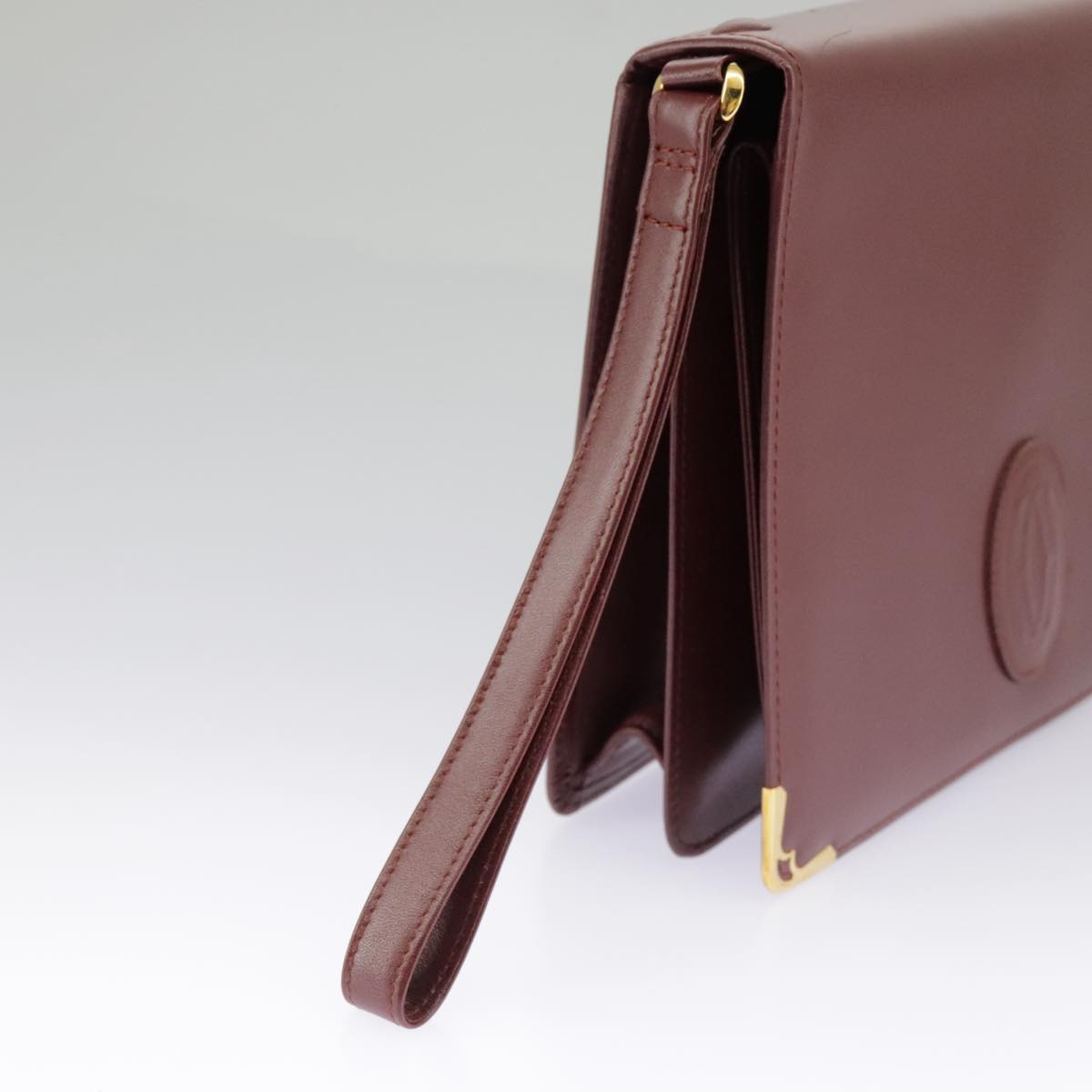 CARTIER Clutch Bag Leather Bordeaux Gold Auth ki5085A