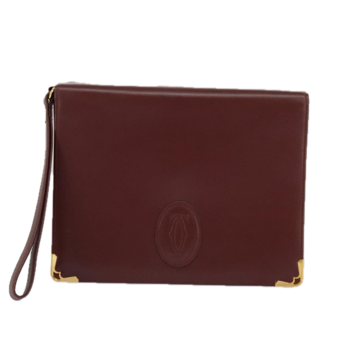 CARTIER Clutch Bag Leather Bordeaux Gold Auth ki5085A