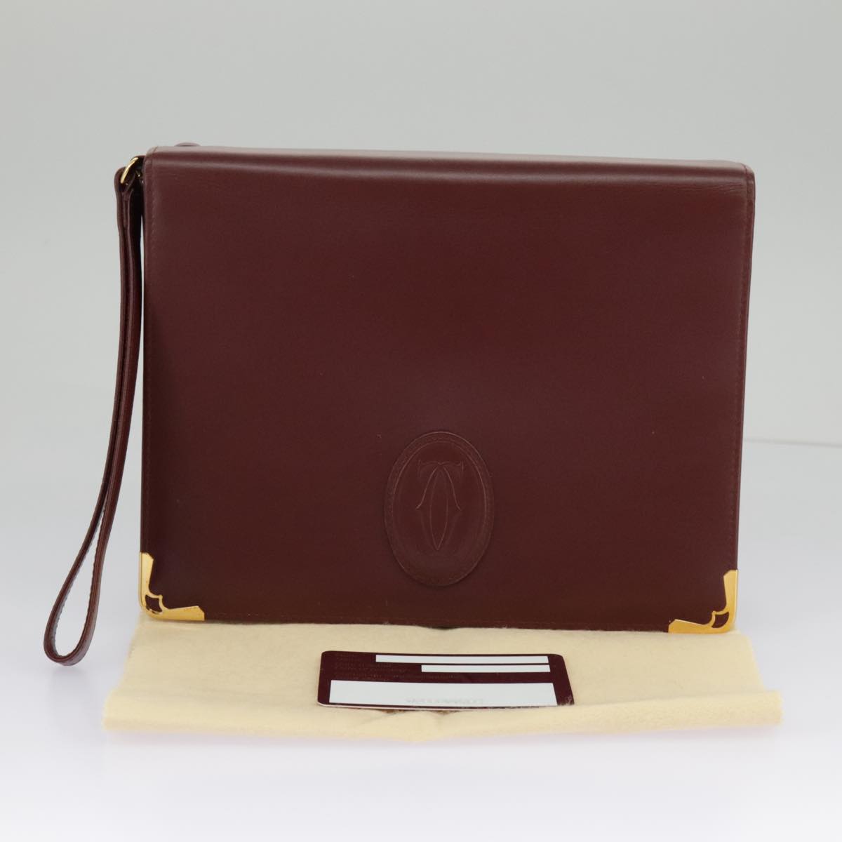 CARTIER Clutch Bag Leather Bordeaux Gold Auth ki5085A